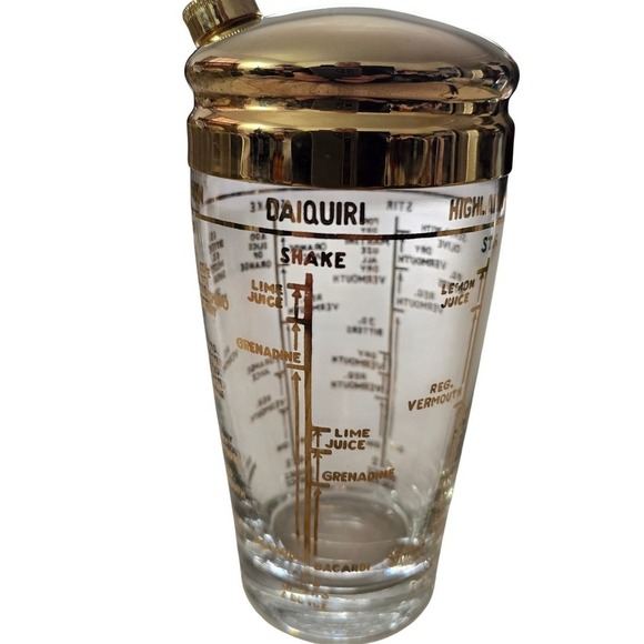 Vintage Mid Century Gold Recipe Glass Cocktail Shaker Martini Manhattan Bronx - Picture 3 of 12